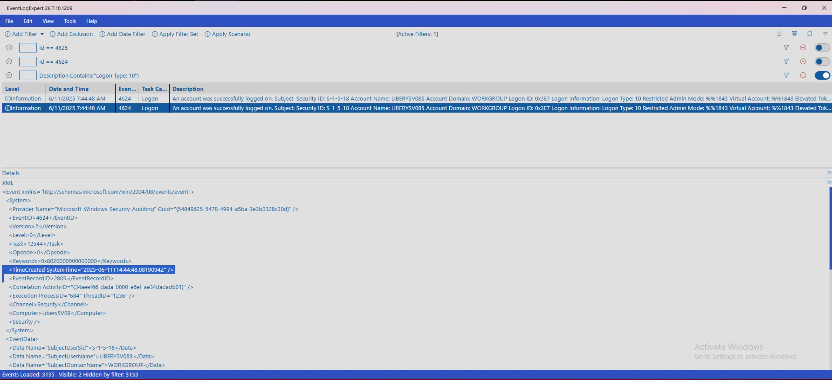 Event ID 4624 Logon Type 10 RDP logon with TimeCreated SystemTime highlighted