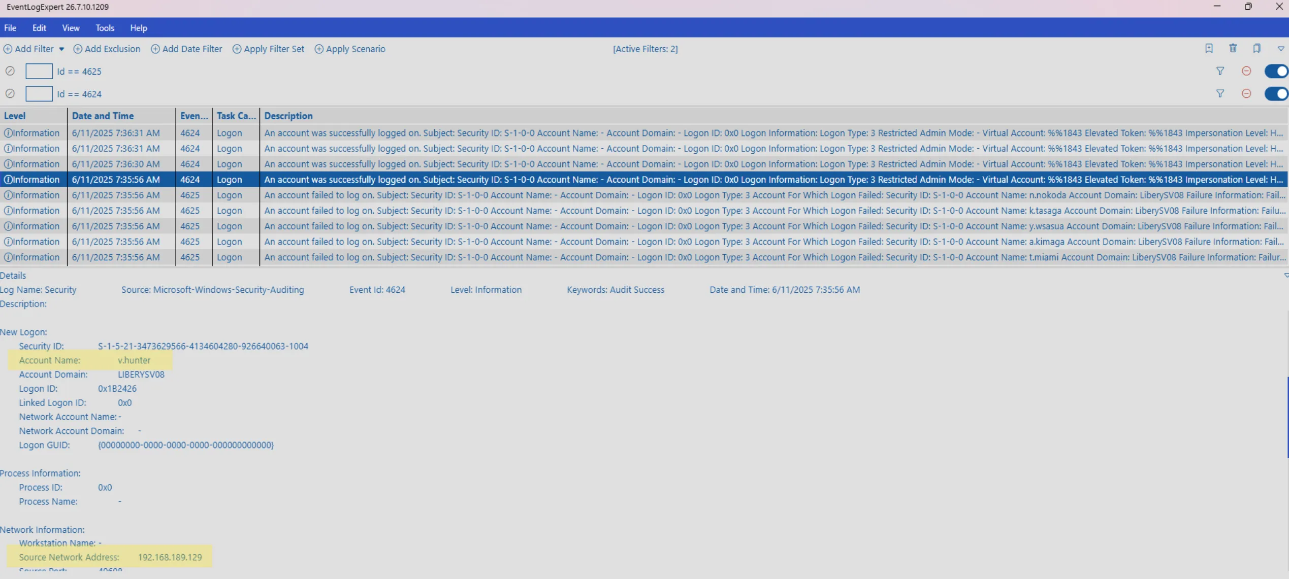 Event ID 4624 successful logon for v.hunter from the password spray source IP