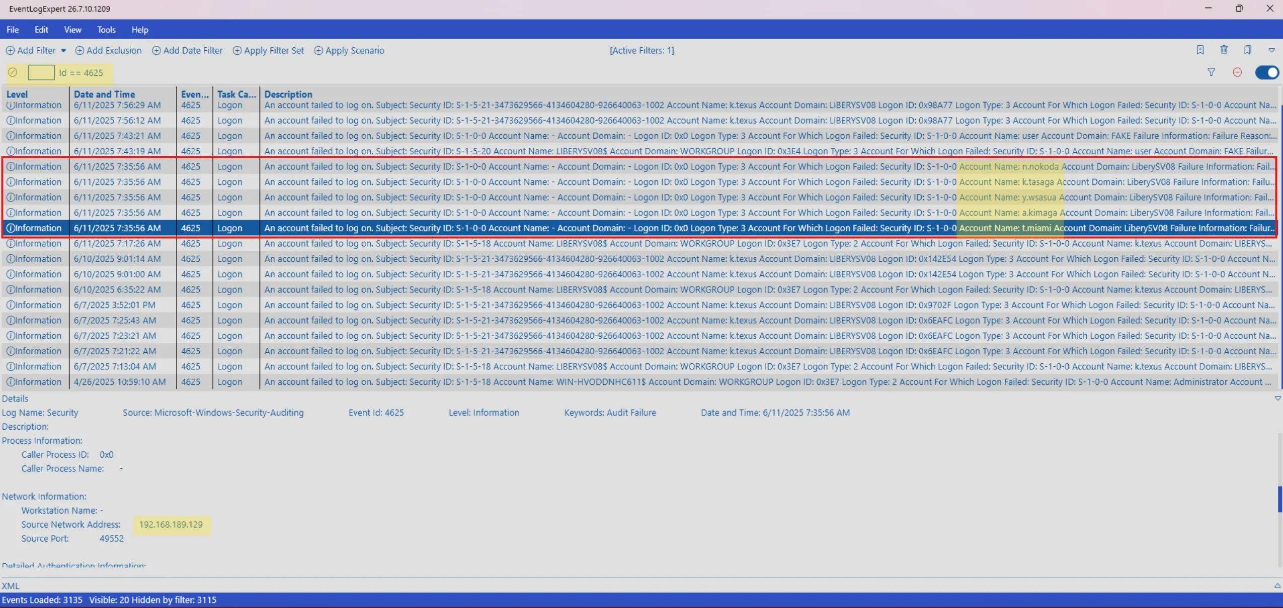 Event ID 4625 failed logon attempts in Event Log Expert showing password spray activity