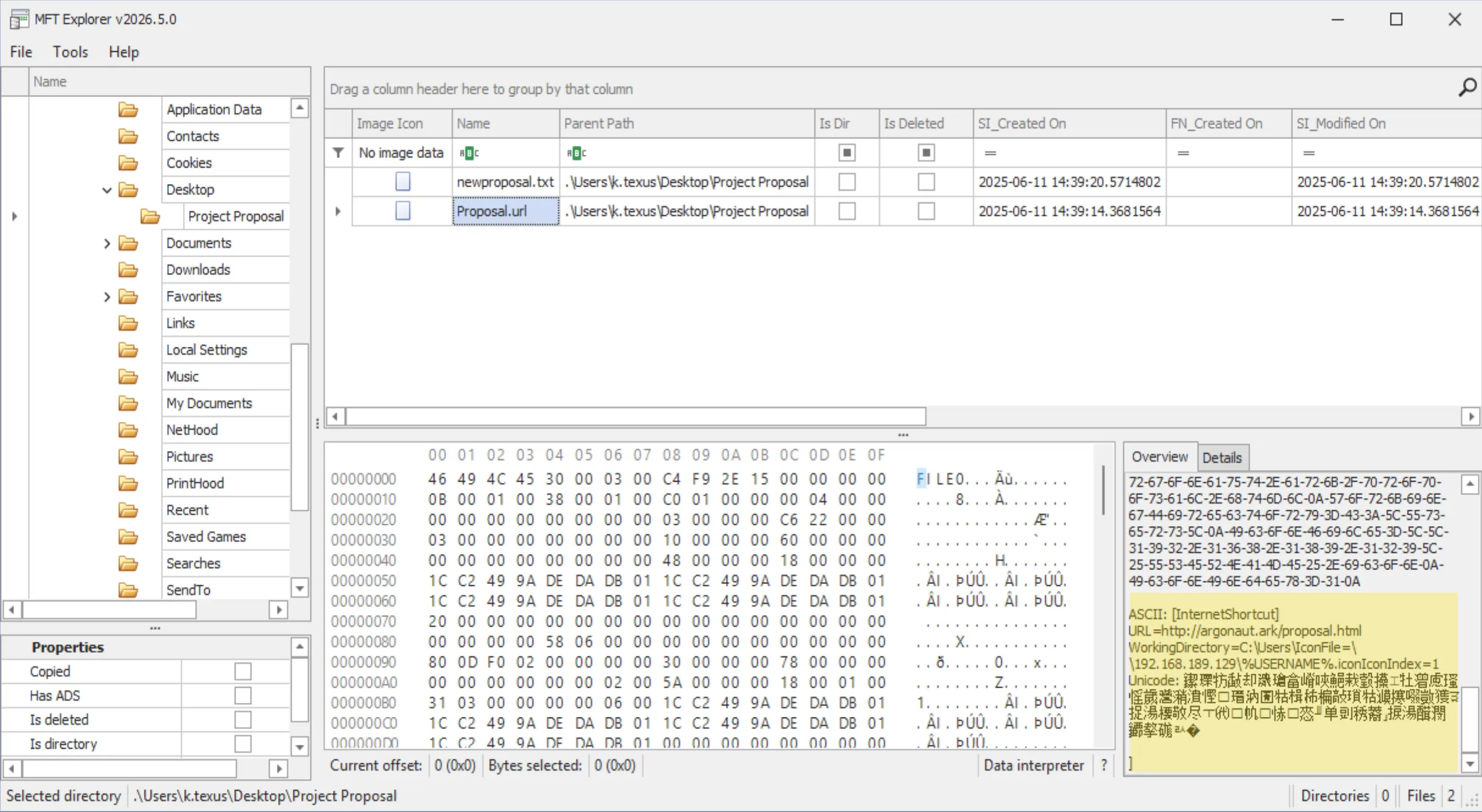 Contents of Proposal.url recovered from the $MFT showing the decoy proposal URL and attacker SMB share