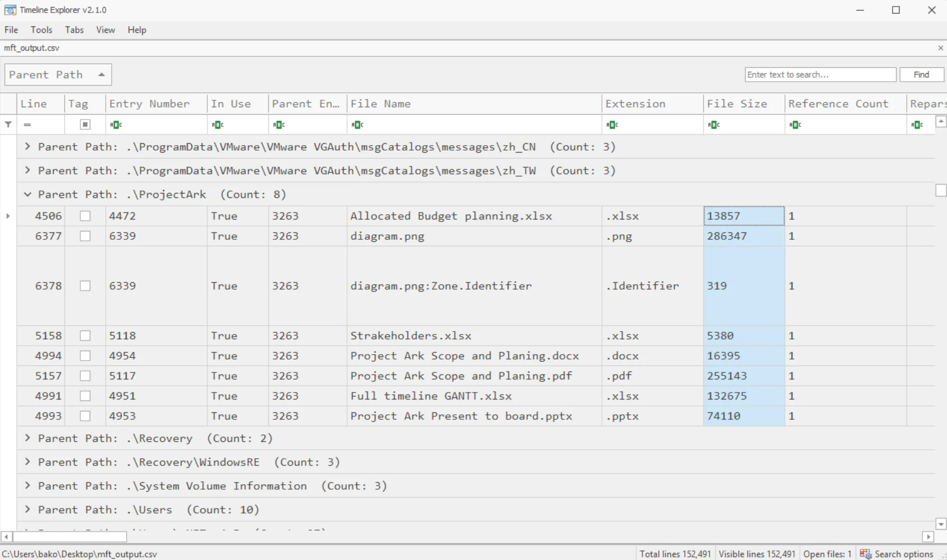 Timeline Explorer filtered on the Project Ark parent path with file sizes summed