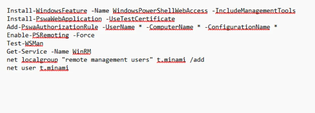 ConsoleHost_history.txt showing the Install-WindowsFeature command used to install PowerShell Web Access