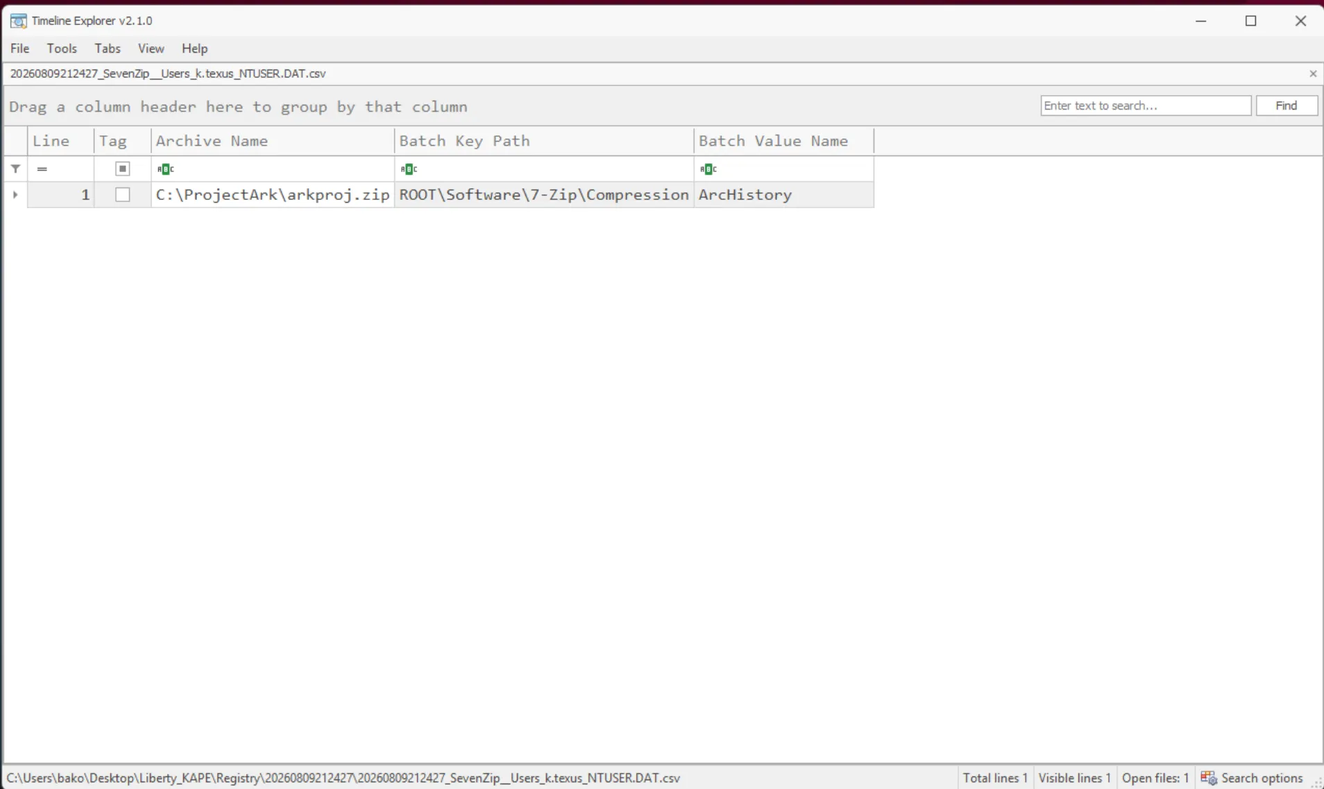 7-Zip registry data for k.texus revealing the arkproj.zip archive name