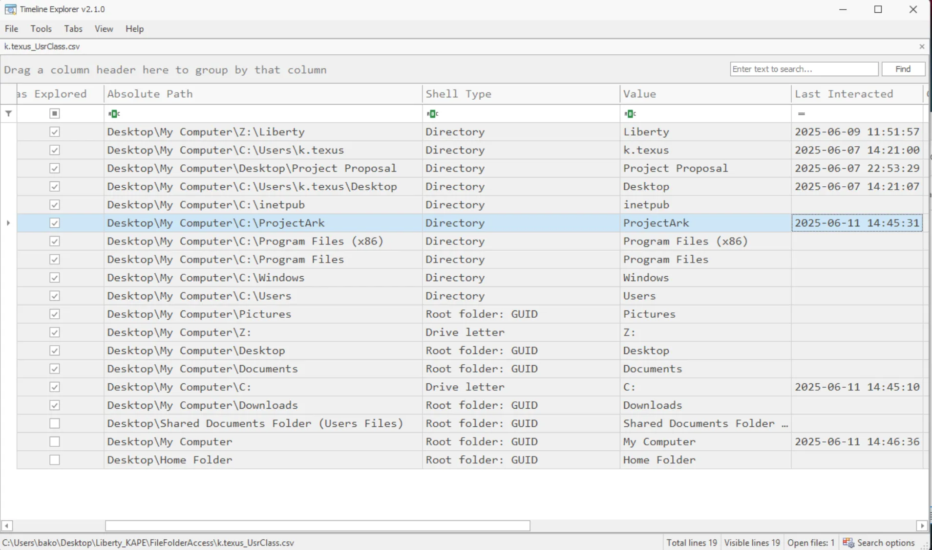 Shellbags data from k.texus's UsrClass.dat showing access to the C:\ProjectArk folder